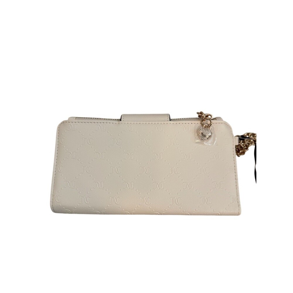 Juicy Couture Tab Wallet Womens Ivory JC Logo Chain Heart Charm Rhinestone - Picture 2 of 5